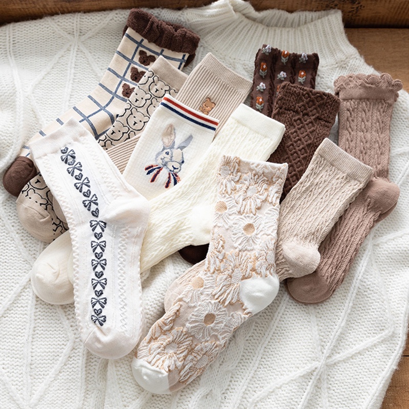 FINETOO Vớ Cotton Cổ Cao Dày Dặn Co Giãn Dễ Thương Cho Nữ