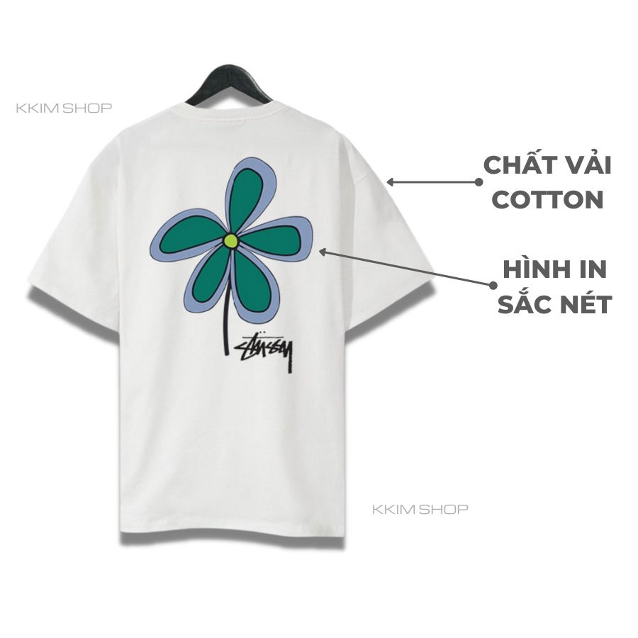 Áo thun tay lỡ STUSSY cỏ 4 lá may mắn, Áo thun unisex nam nữ form rộng oversize chất liệu Cotton KKIMSHOP