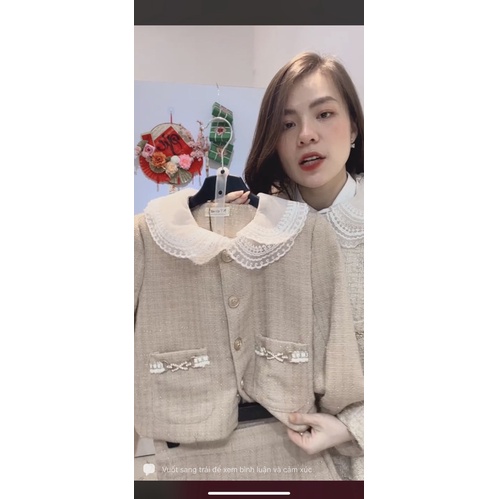 SALE Set áo khoác dạ tweed cổ sen ren mix chân váy xoè nt closet (về màu đậm nên e sale)