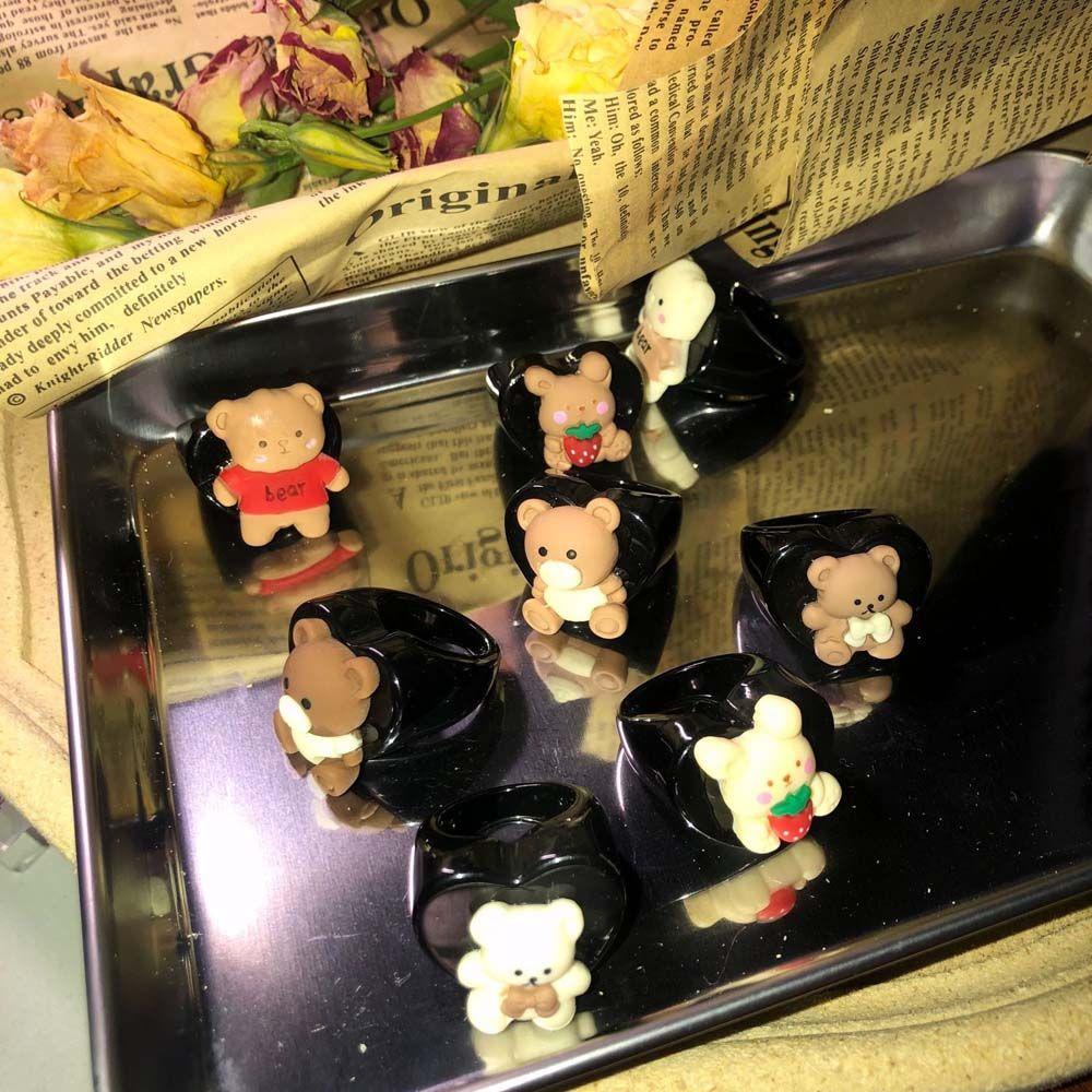 Nhẫn Đeo Ngón Tay Hình Thỏ / Gấu Màu Đen / Kaki Kiểu Hàn Quốc Thời Trang Cho Nữ