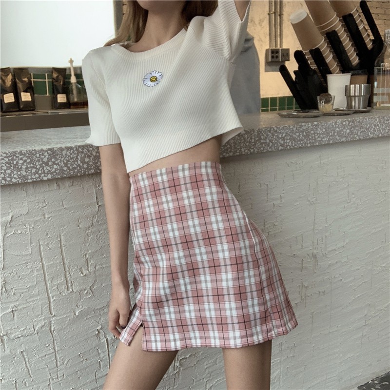 Xiaozhainv Chân váy ngắn chữ A lưng cao xẻ tà họa tiết lưới thời trang Hàn Quốc cổ điển | BigBuy360 - bigbuy360.vn