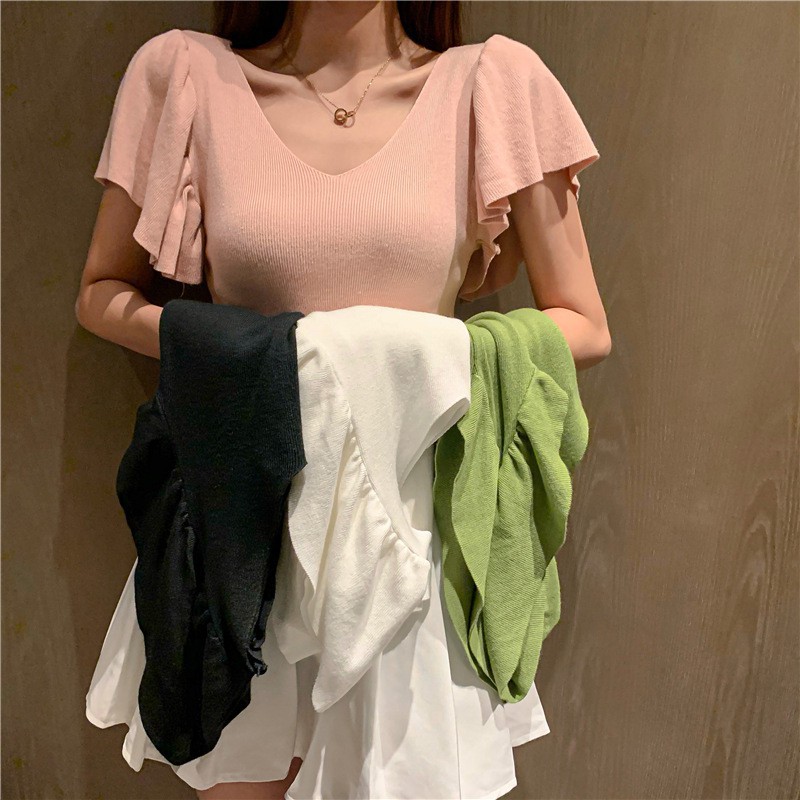 Áo Dệt Kim Tay Ngắn Cổ V Thiết Kế Màu Trơn Thanh Lịch Cho Nữ | BigBuy360 - bigbuy360.vn