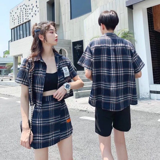 Set đồ đôi nam nữ váy áo sơmi cặp ulzzang From Korea