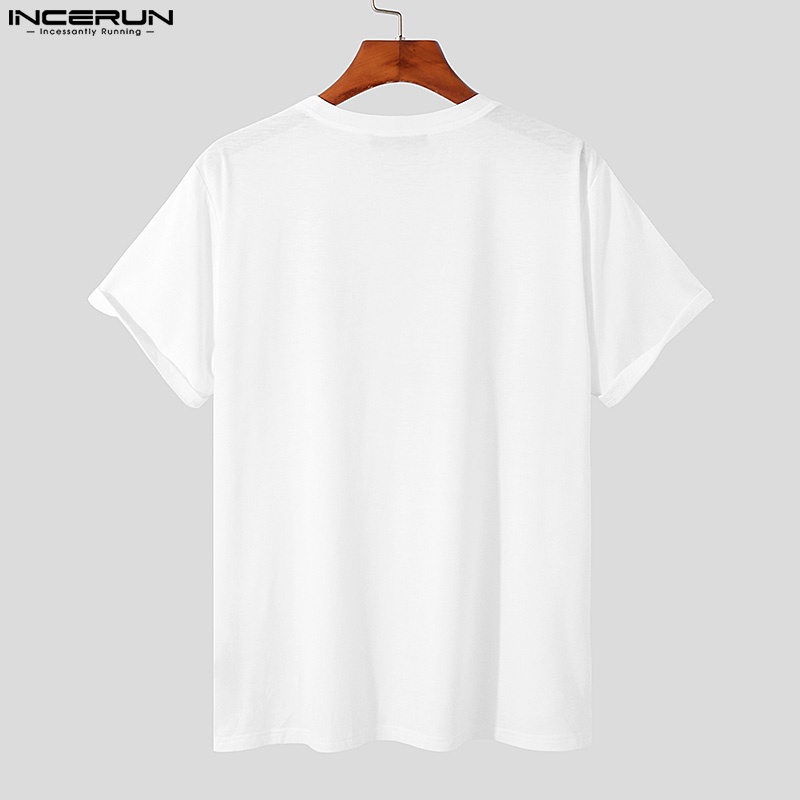 INCERUN Áo Thun Tay Ngắn Cổ Tròn Màu Trắng Thiết Kế Đơn Giản Thời Trang Dành Cho Nam