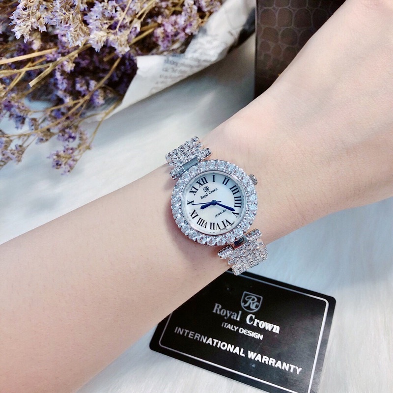 Đồng Hồ Nữ Royal Crown Đính Đá Dây Kim Loại Cao Cấp Đẹp Sang Trọng