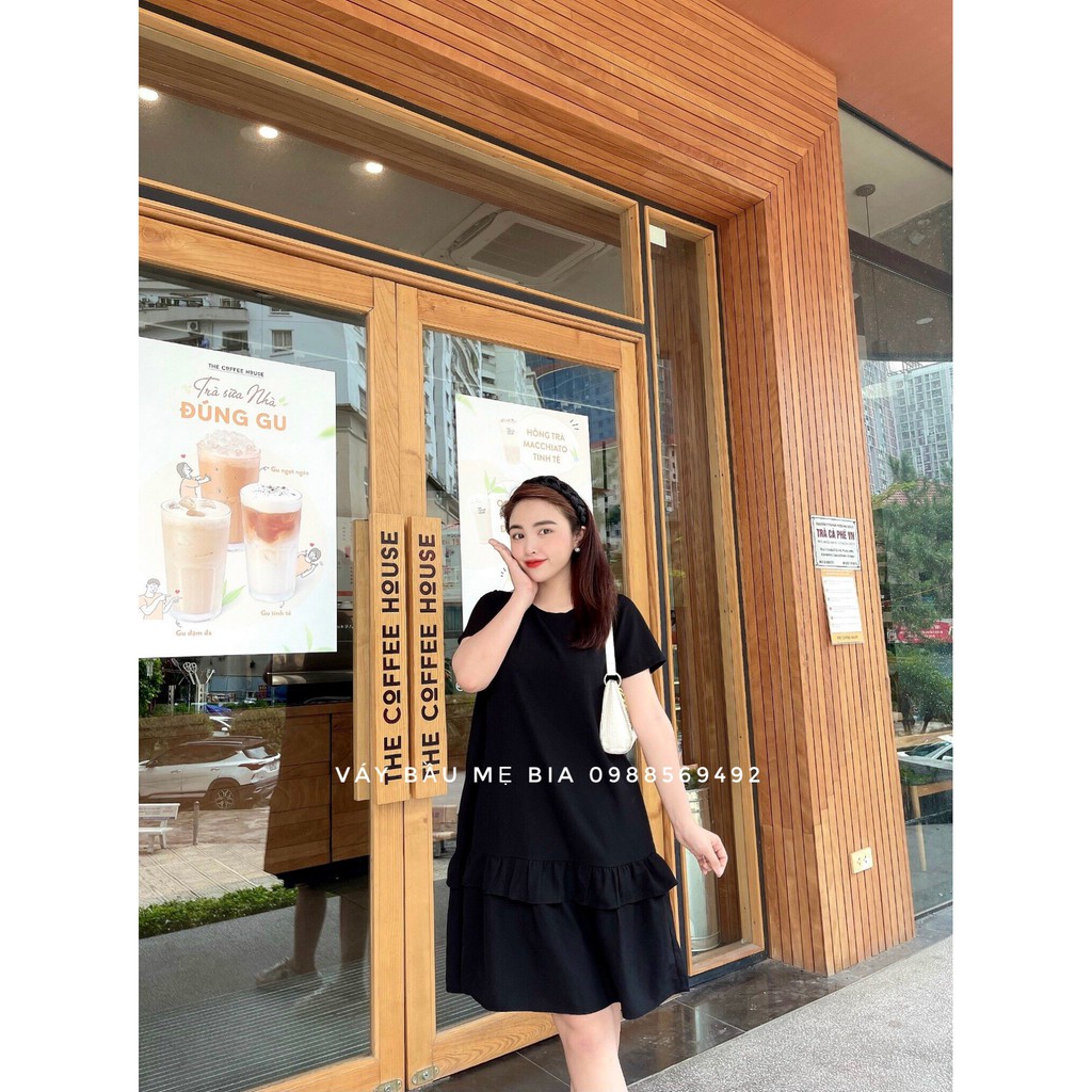 Váy bầu bigsize - Đầm bầu thiết kế GuMe 2 màu xan, đen dáng suông bèo tầng chất vải chéo hàn size từ 40-100kg MB234