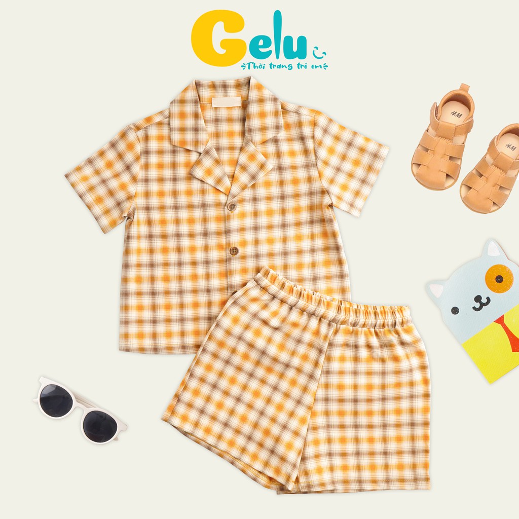 Quần áo bé trai, quần áo bé gái, set bộ sơ mi ngắn tay kẻ caro phong cách vintage Hàn Quốc - GELU Kids SBU004