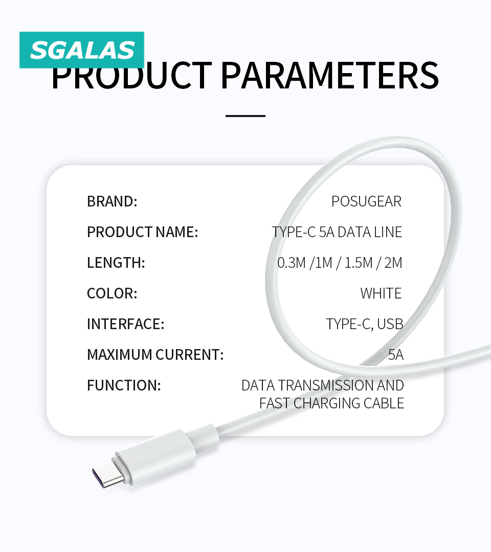 Cáp sạc đồng bộ hóa dữ liệu USB Type C Sgalas 5A cho điện thoại tiện dụng