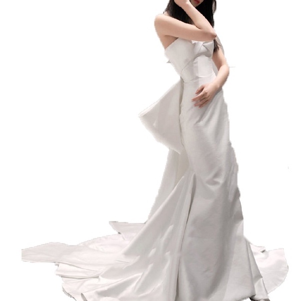 Đầm Cưới Vải Satin Đính Nơ Kiểu Pháp 2022 Thời Trang Mùa Hè Cho Nữ V3D4