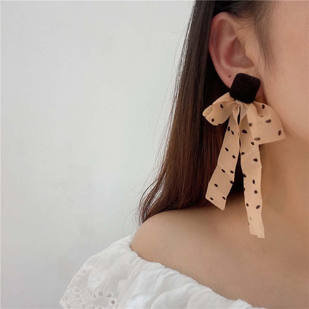 QQMALL Bông Tai Hình Nơ Họa Tiết Chấm Bi Xinh Xắn Cho Nữ