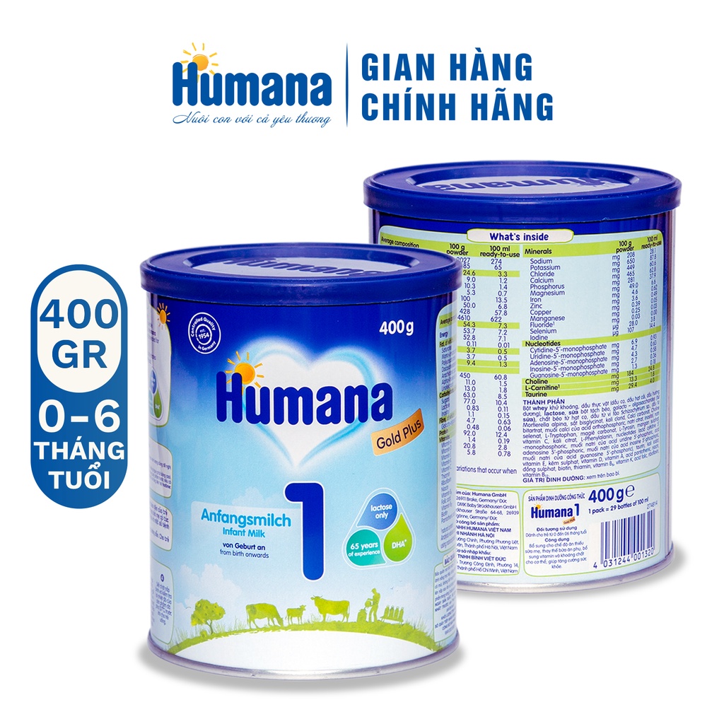 Combo 2 lon Sữa bột Humana gold plus 1 400g - Sữa công thức dành cho trẻ từ 0 đến 6 tháng tuổi nhập khẩu từ Đức