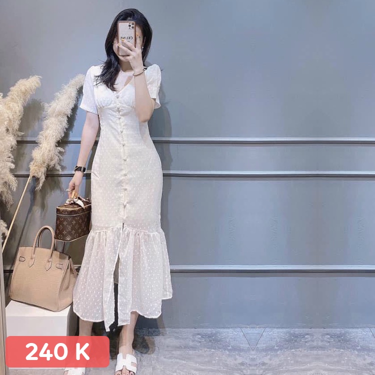 Đàm maxi trắng phối nút đuôi cá