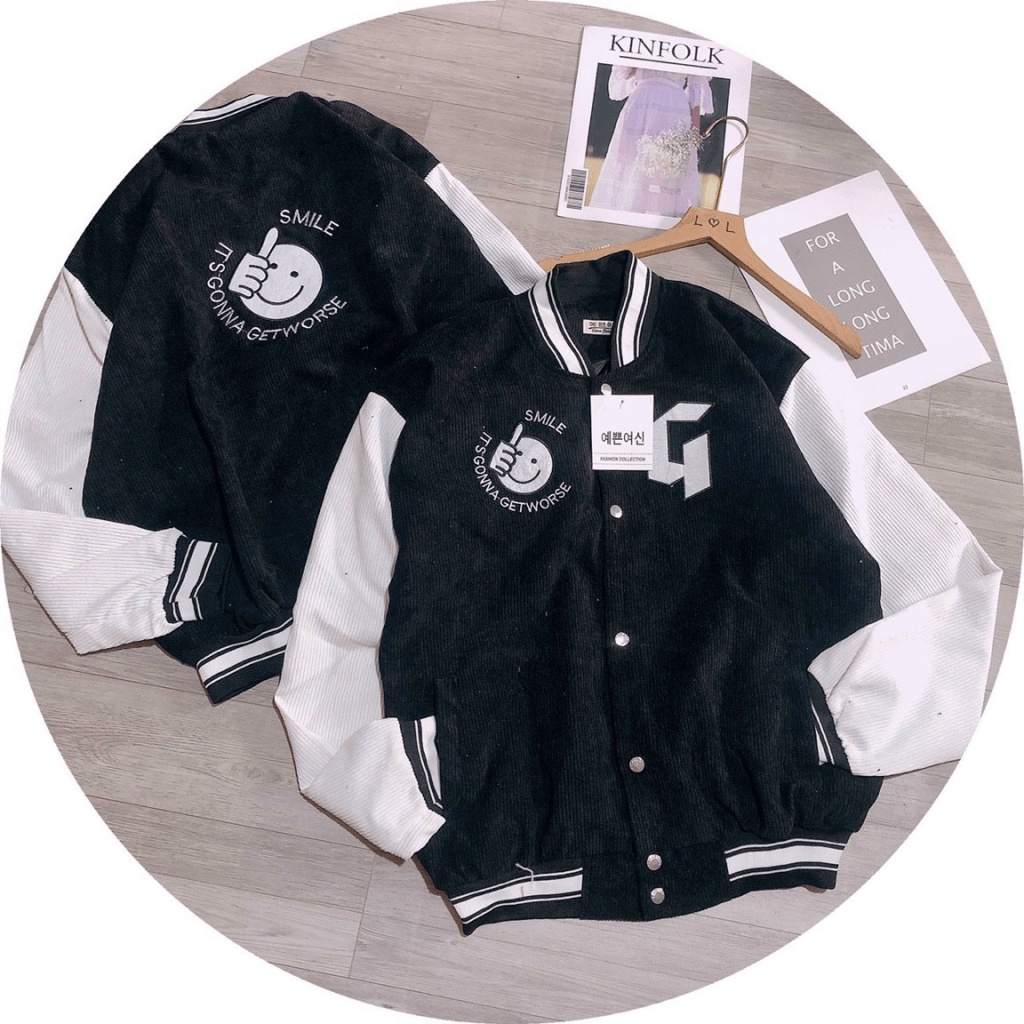Áo Khoác Nhung Tăm Nữ 2 Lớp Chữ G Phối Mặt Cười Kiểu Dáng Bomber Phong Cách Trẻ Trung Mặc Mát [NEW UNISEX]