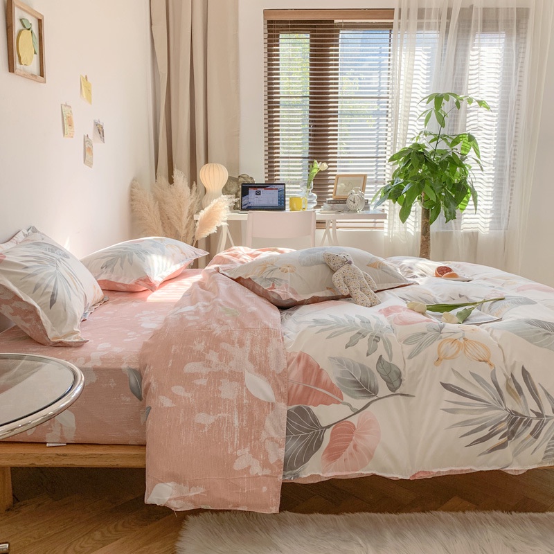 Bộ chăn ga gối 4 món Lá hồng cute cotton poly