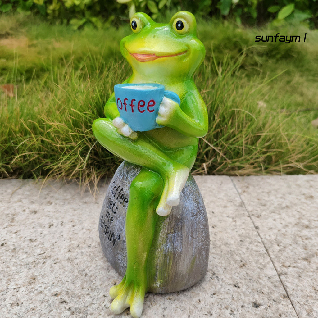 SUNFAY Animal Design Statuary Green Sitting Frog Drinking Coffee Stone Garden Statue for Home Decor