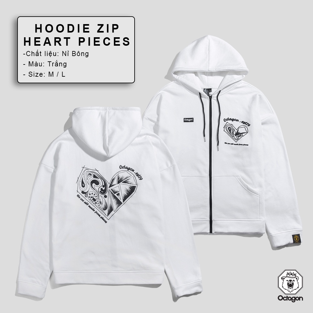 OCTAGON - Áo hoodie unisex HEART PIECES ZIP HOODIE TRẮNG vải nỉ bông có nón dày dặn