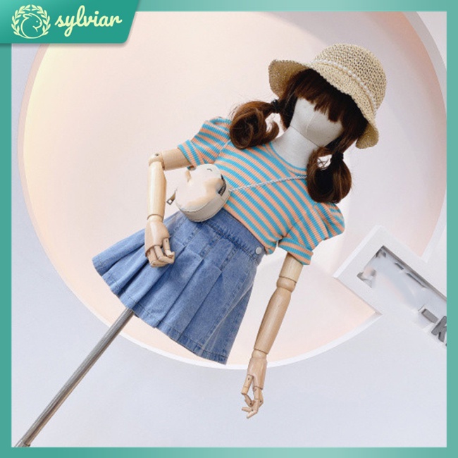 Bộ 2 Món Áo Cotton Tay Phồng + Chân váy jean Thời Trang Mùa Hè Cho Bé Gái 4-8 Tuổi