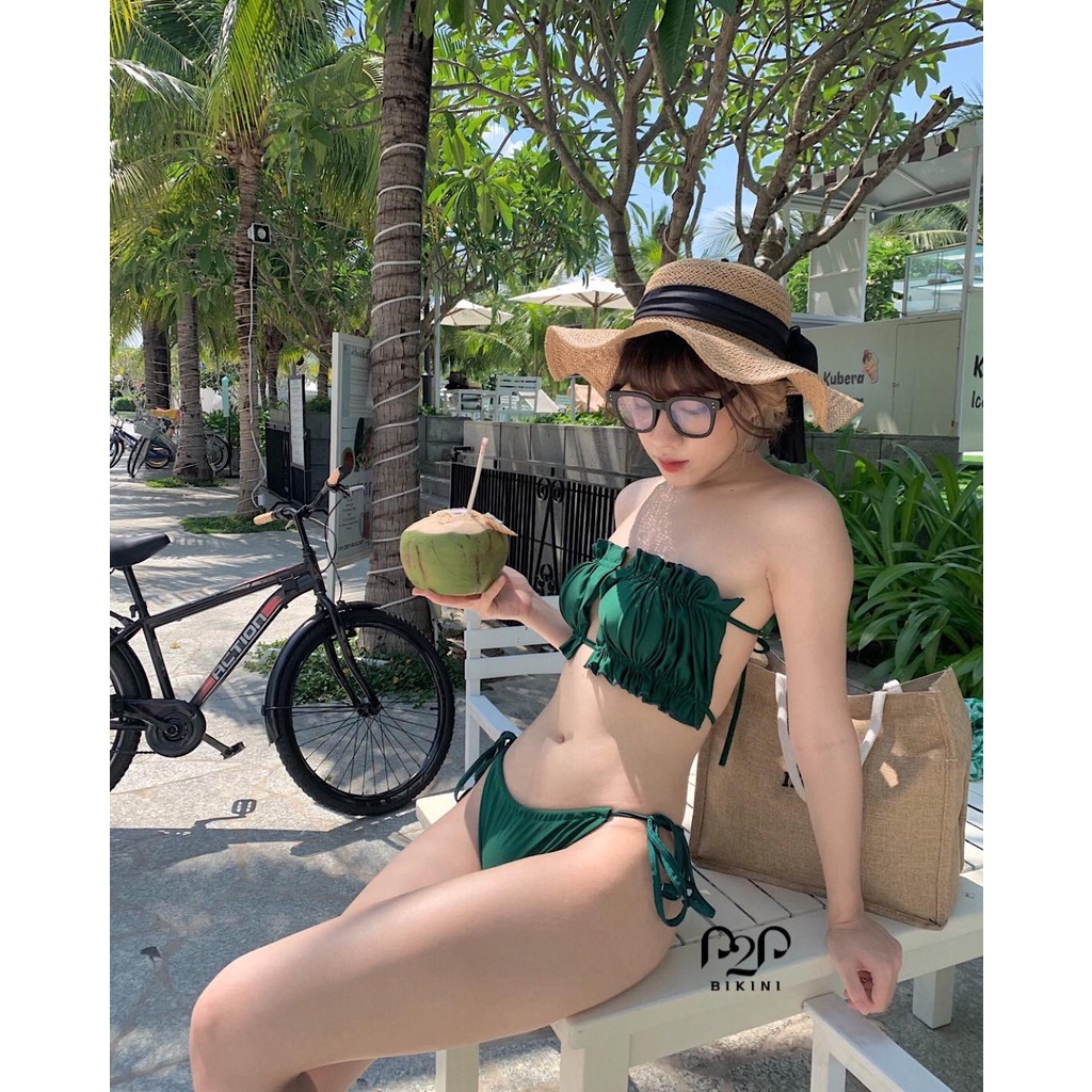 P2P BIKINI - Đồ bơi hai mảnh mút mỏng cúp ngang cột dây, quần tam giác xanh ngọc lục bảo - BTK370HT_TG