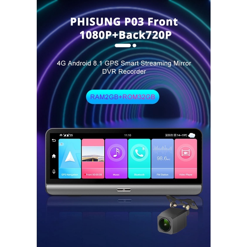 Camera hành trình Phisung P03 đặt taplo ô tô 4G, wifi, 8 inch tích hợp cam lùi Mã P03 | WebRaoVat - webraovat.net.vn