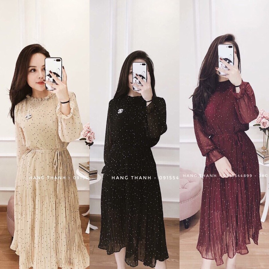 Đầm Voan Xếp Li Chấm Bi Dáng Dài (4 màu xinh)