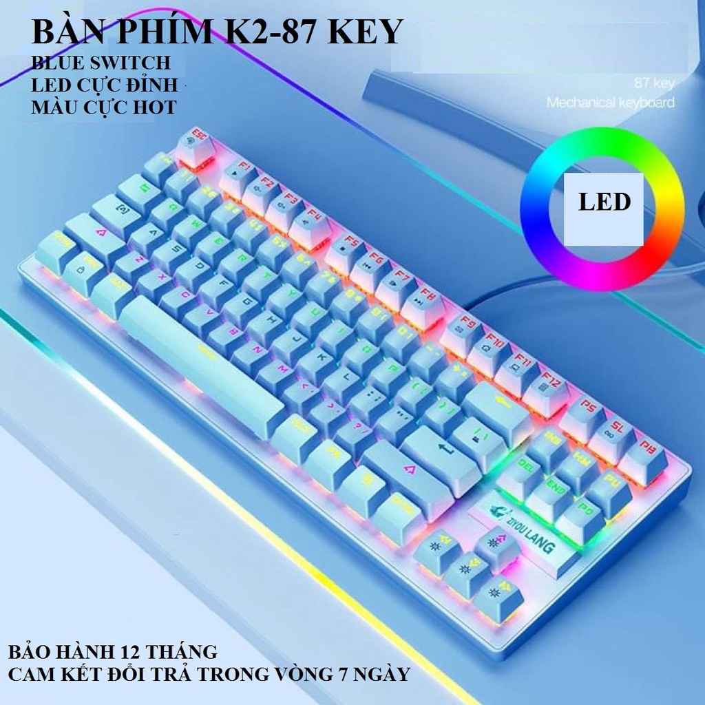 [SIÊU PHẨM] Bàn Phím Máy Tính, Bàn Phím Cơ K2 87-KEY Chơi Game Cực Đã, LED Màu Cực Đỉnh [Có BH]