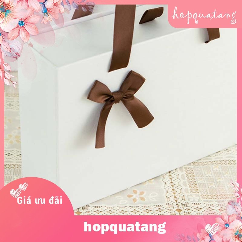 Hộp Quà Tặng Kèm Túi Màu Trắng Gắn Nơ Nâu Dạng Kéo Cao Cấp
