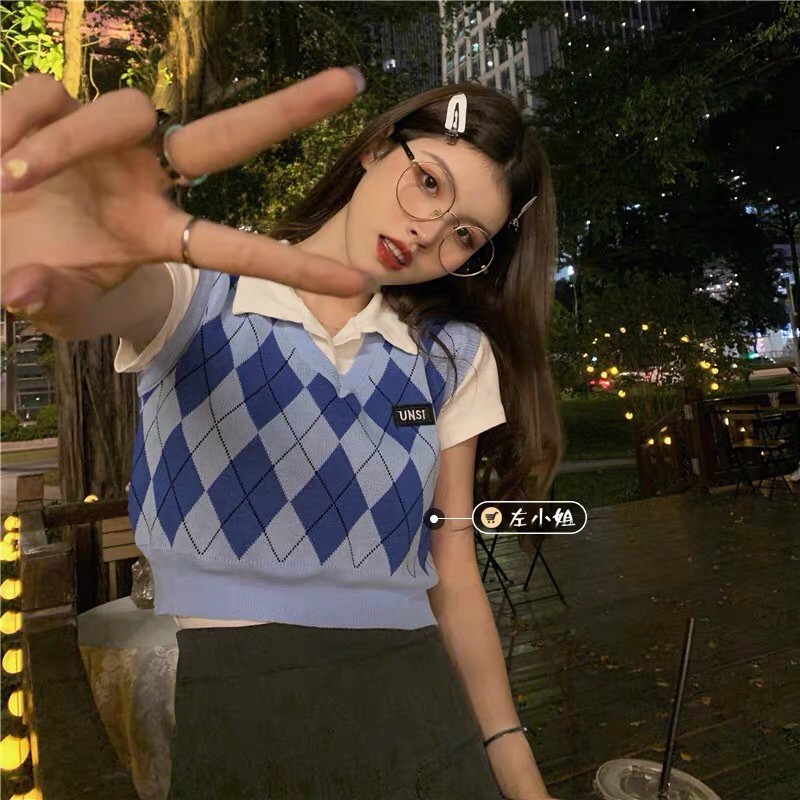 Áo len gile dệt kim, áo len crotop xanh dương Ulzzang | BigBuy360 - bigbuy360.vn