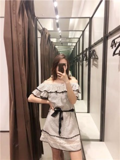 VÁY KẺ CỔ BÈO THẮT NƠ EO ZR(ẢNH THẬT)