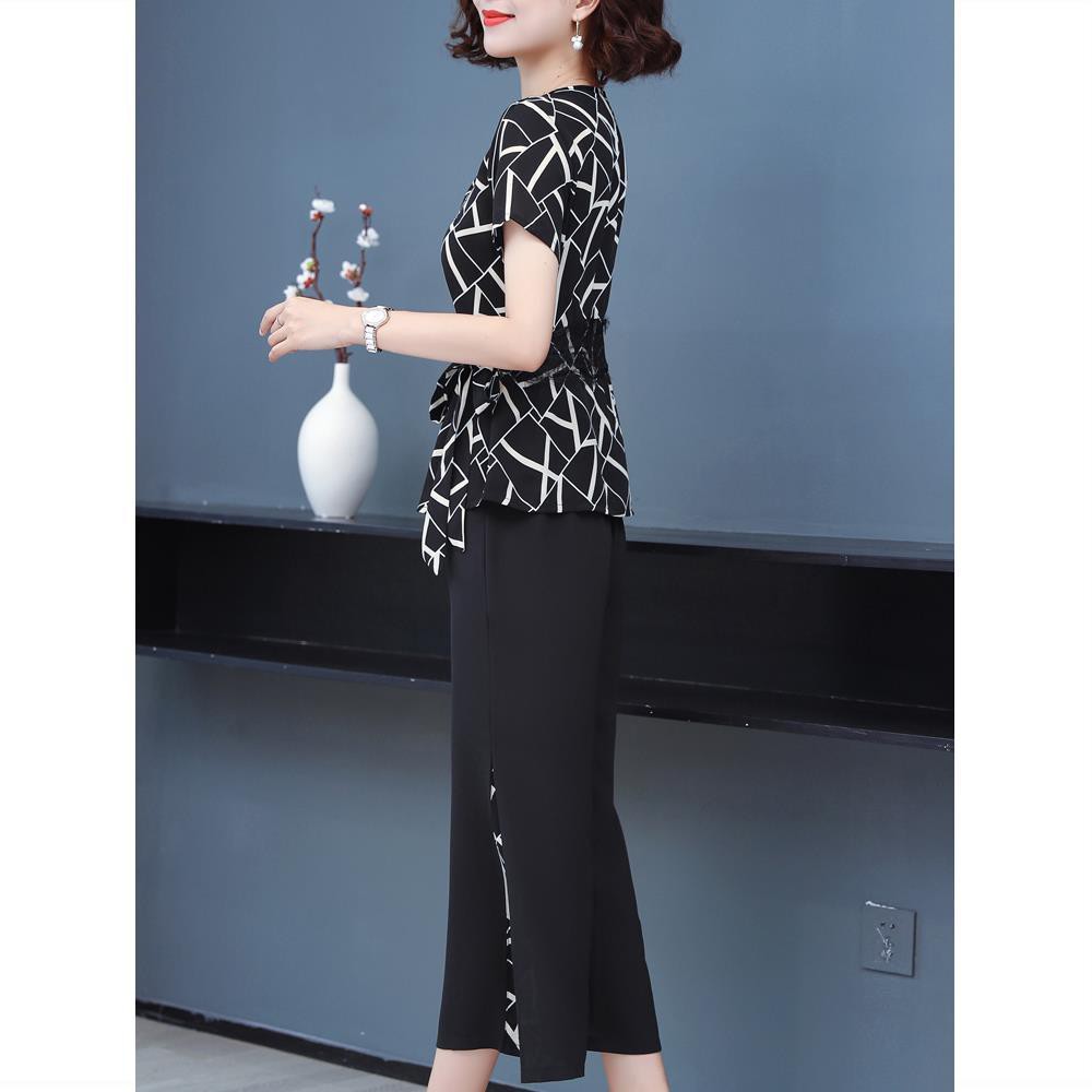 Váy mùa hè cho mẹ trung niên áo sơ mi voan ngắn tay hai -bộ đồ bộ quần ống rộng lớn tuổi thời trang size | BigBuy360 - bigbuy360.vn