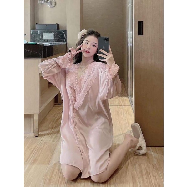 Đầm Ngủ Tiểu Thư Babydoll Đầm sơ mi tay dài nút đính ngọc. chất Lụa Latin mềm đẹp. Đầm xuông nữ bigsize Đồ ngủ nữ caocấp