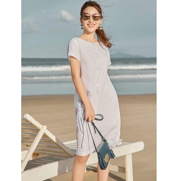 Đầm suông linen tưng premium tay hến thêu hoa sang trọng