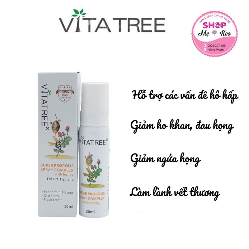 Xịt keo ong (30ml) giảm đau họng cho trẻ 2 tuổi trở lên Vitatree Super Propolis Spray complex with Honey, Úc