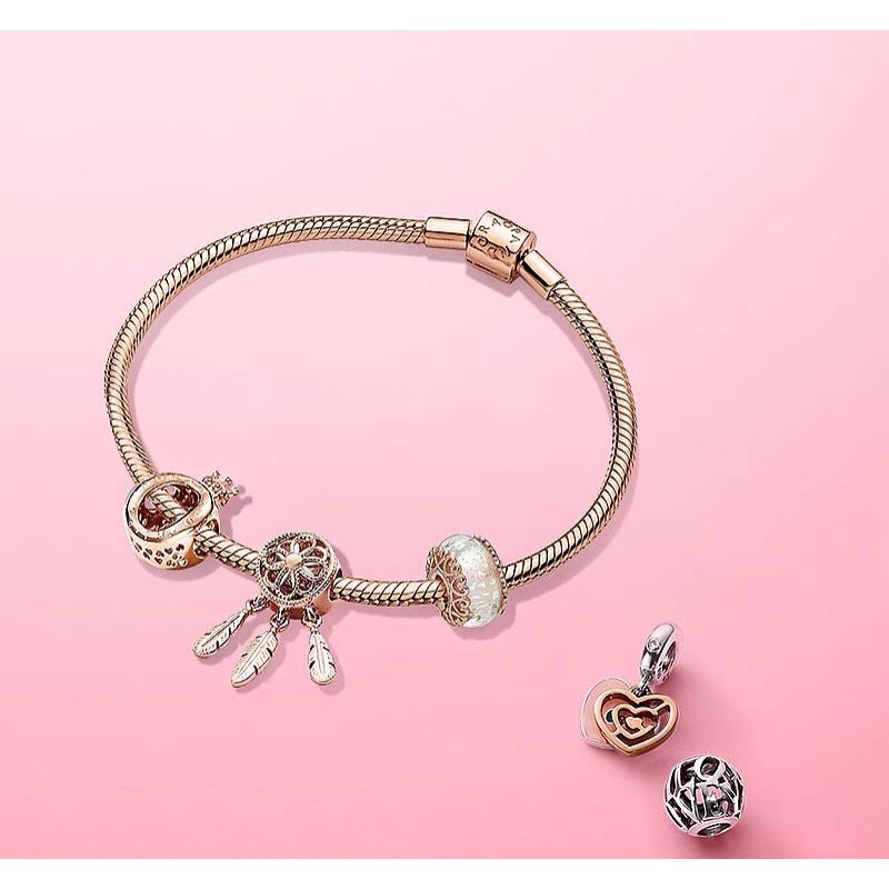 combo bộ vòng mềm + 3 hạt charm pan vàng hồng bạc s925 cao cấp