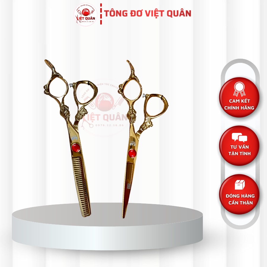BỘ KÉO CẮT TÓC KAI KASHO VQ2 GOLD TAY KÉO TRẠM RỒNG VÀNG THÉP NHẬT CAO CẤP (MUA MỘT BỘ KÉO TẶNG BAO DA + 2 LƯỢC)