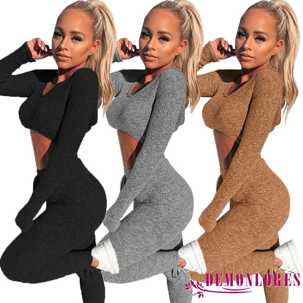 Set 2 món đồ gồm áo croptop tay dài màu trơn + quần cho nữ