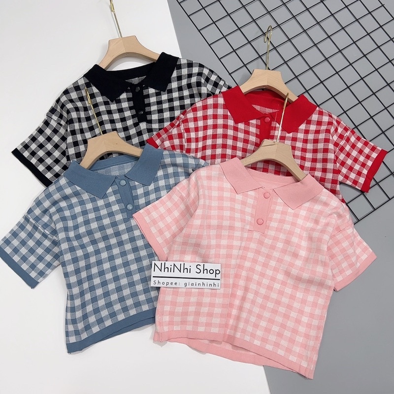 Áo polo len mỏng cổ bẻ kẻ caro khuy, Áo len kiểu họa tiết ngắn tay AL9124 - NhiNhi Shop