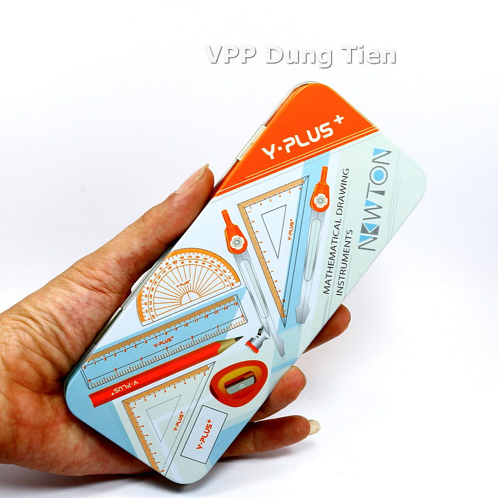 Bộ thước kẻ compa 8 món/ 9 món, hộp dụng cụ hình học bằng sắt cho học sinh các màu