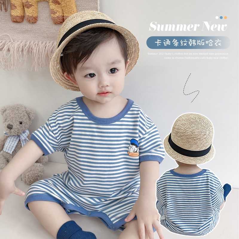 Áo Liền Quần Ngắn Tay Hoa Văn Kẻ Sọc Thời Trang Mùa Hè Dành Cho Trẻ Nhỏ Mới Sinh