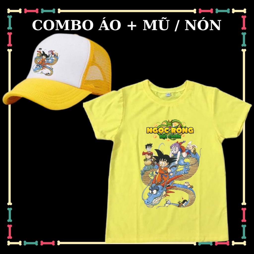 Combo mũ/ nón - áo thun trẻ em mầu 7 viên ngọc rồng tay ngắn Songoku vải thun 4 chiều xịn xò.