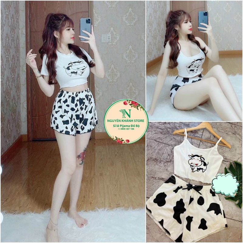 Set Bộ Bò Sữa Áo Croptop Quần Đùi Họa Tiết Bò Sữa Hot Trend Siêu Xinh - Nguyên Khánh Store
