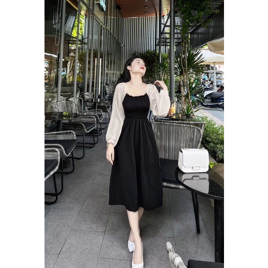 VÁY ĐEN PHỐI TAY ÁO CHẤM BI DÀI CAO CẤP (ảnh tự chụp 100%)