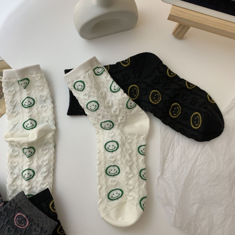 Vớ Cotton Trắng Cổ Vừa In Hình Mặt Cười Trái Tim Phong Cách Nhật Hàn Thời Trang Xuân Hè Cho Nữ