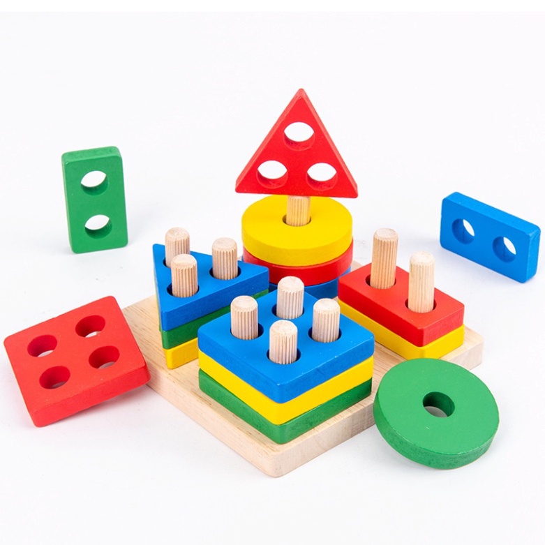 Đồ chơi gỗ Montessori thả hình khối 4 cọc cho bé - Đồ chơi thông minh cho bé, phát triển trí tuệ