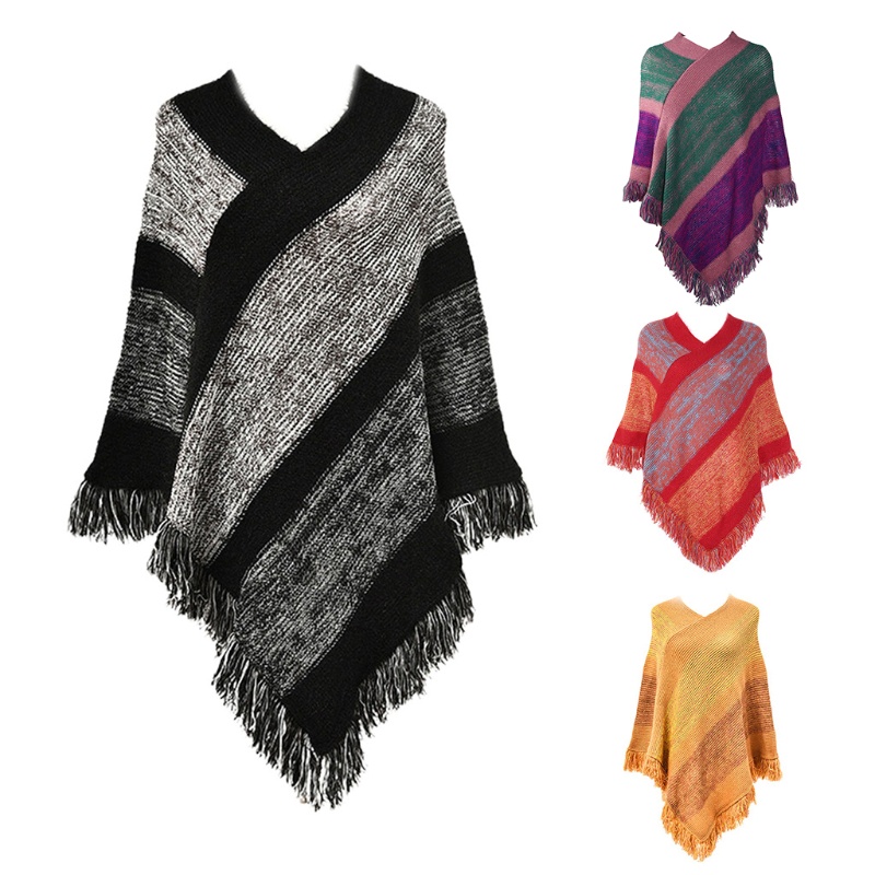 INSTA Áo choàng len Pashmina Poncho chui đầu cổ chữ V kẻ sọc tua rua giữ ấm mùa đông cho nữ
 | BigBuy360 - bigbuy360.vn