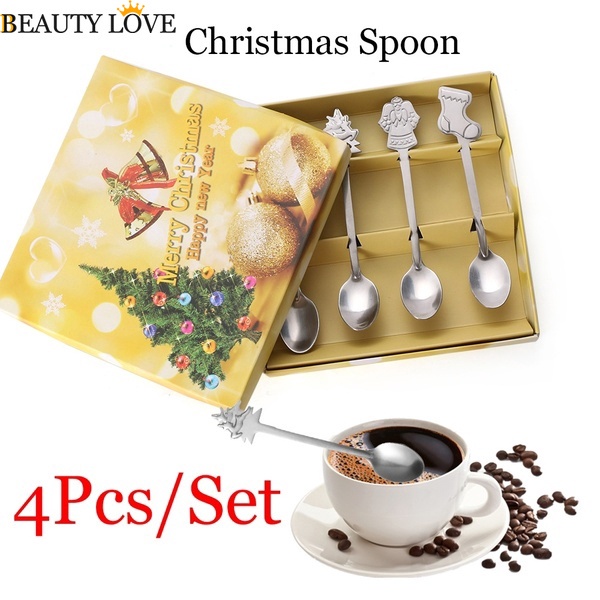 Bộ 4 Muỗng Cà Phê Bằng Thép Không Gỉ Họa Tiết Giáng Sinh Thời Trang