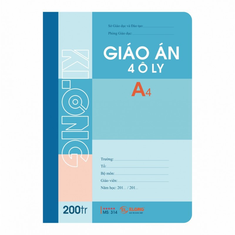 Vở giáo án 4 ô ly KLong - 200 trang; Ms 314 (T4) - khách sỉ ib