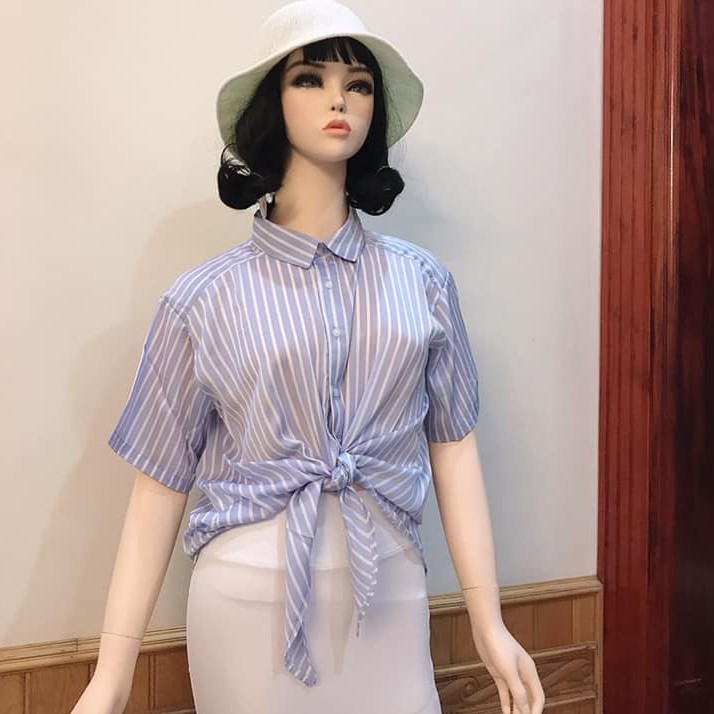 Áo sơ mi nữ cộc tay buộc gấu chất siêu mát năng động cá tính freesize dễ mix XanhHouse