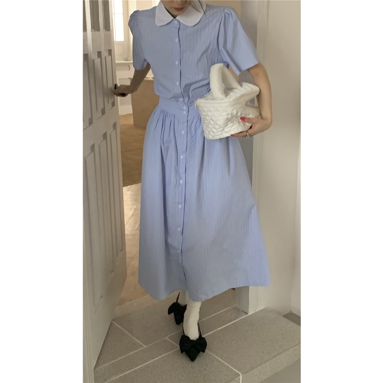 Miss Zhishi ~ Màu tương phản Ve áo phồng tay Áo sơ mi ngắn tay sọc + Bộ chân váy có ô khoét ngực