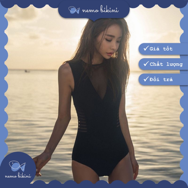 Nemo Bikini - Đồ bơi nữ, áo tắm, đồ bơi 1 mảnh liền thân tôn dáng sát nách đen lưới
