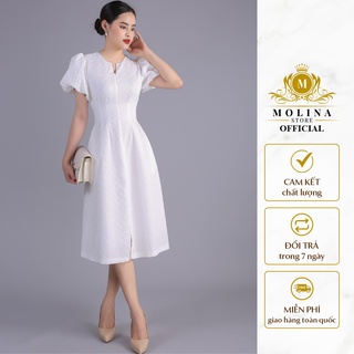 Đầm Xòe Xẻ Tà Thiết Kế Molina Cổ V Tay Bồng Đính Ngọc Chiết Eo Thanh Lịch, Chất Lụa Xốp Cao Cấp Mềm Mịn